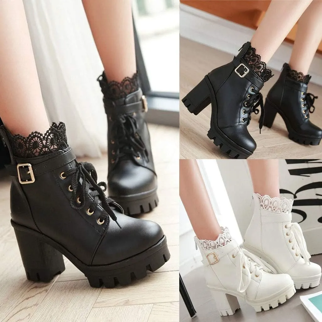 Hbeylia Women's Platform Combat Boots Fashion Lace Leather Chunky Pump Ankle Booties Leather Goth Anti Slip Lace Up High Heels Riding Short Boots For Women Bride Wedding Halloween Cosplay Party