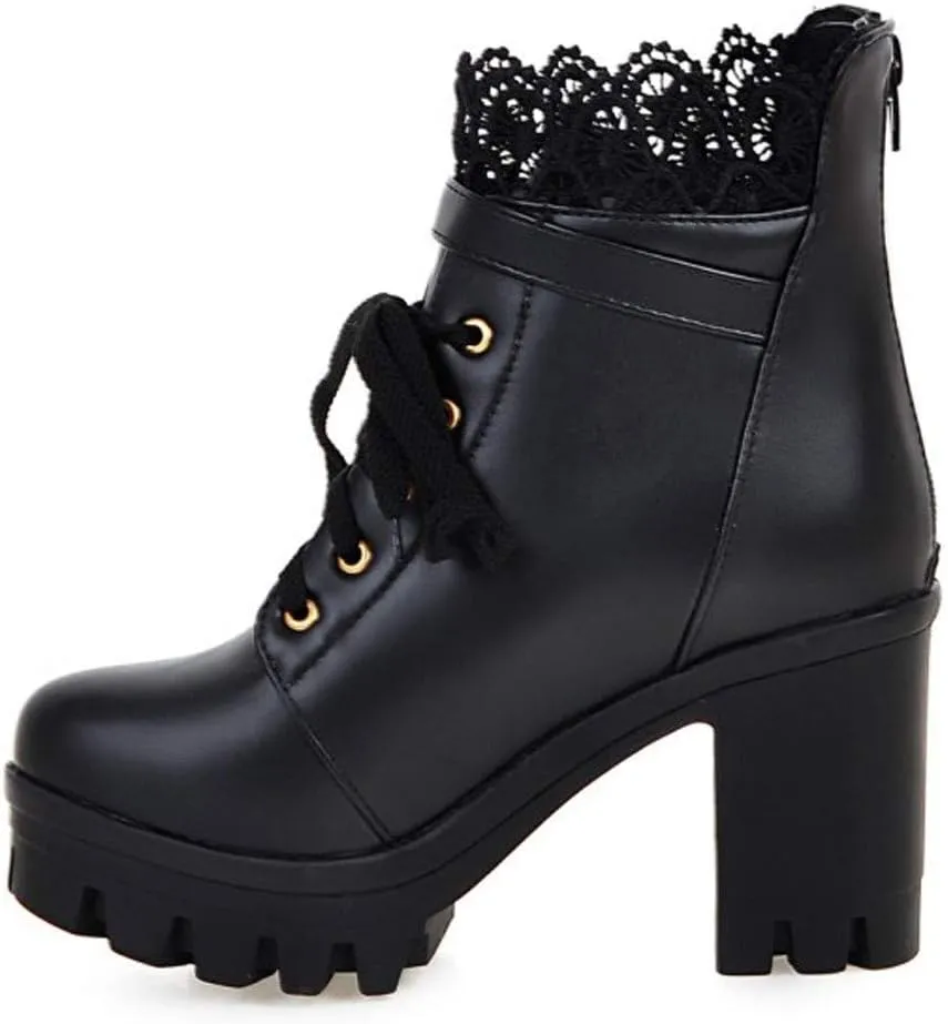 Hbeylia Women's Platform Combat Boots Fashion Lace Leather Chunky Pump Ankle Booties Leather Goth Anti Slip Lace Up High Heels Riding Short Boots For Women Bride Wedding Halloween Cosplay Party