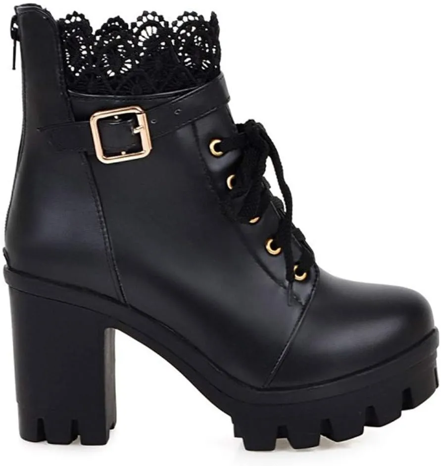 Hbeylia Women's Platform Combat Boots Fashion Lace Leather Chunky Pump Ankle Booties Leather Goth Anti Slip Lace Up High Heels Riding Short Boots For Women Bride Wedding Halloween Cosplay Party