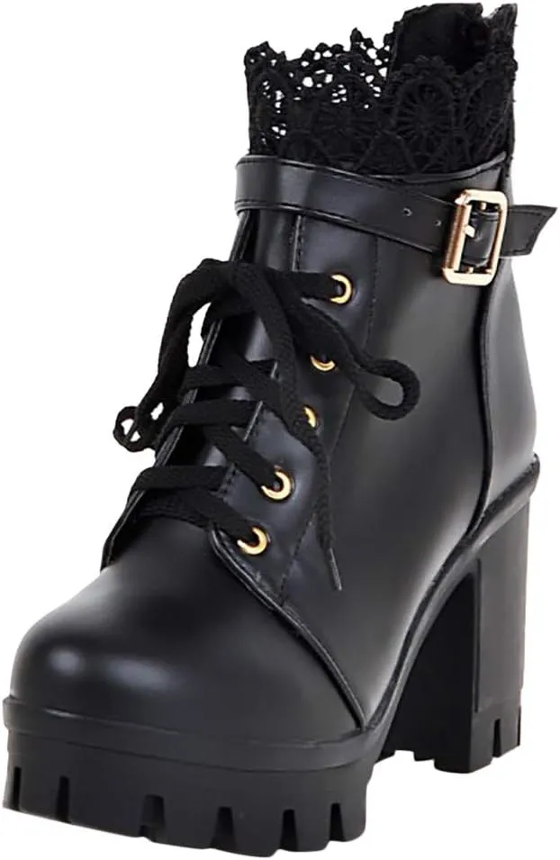 Hbeylia Women's Platform Combat Boots Fashion Lace Leather Chunky Pump Ankle Booties Leather Goth Anti Slip Lace Up High Heels Riding Short Boots For Women Bride Wedding Halloween Cosplay Party