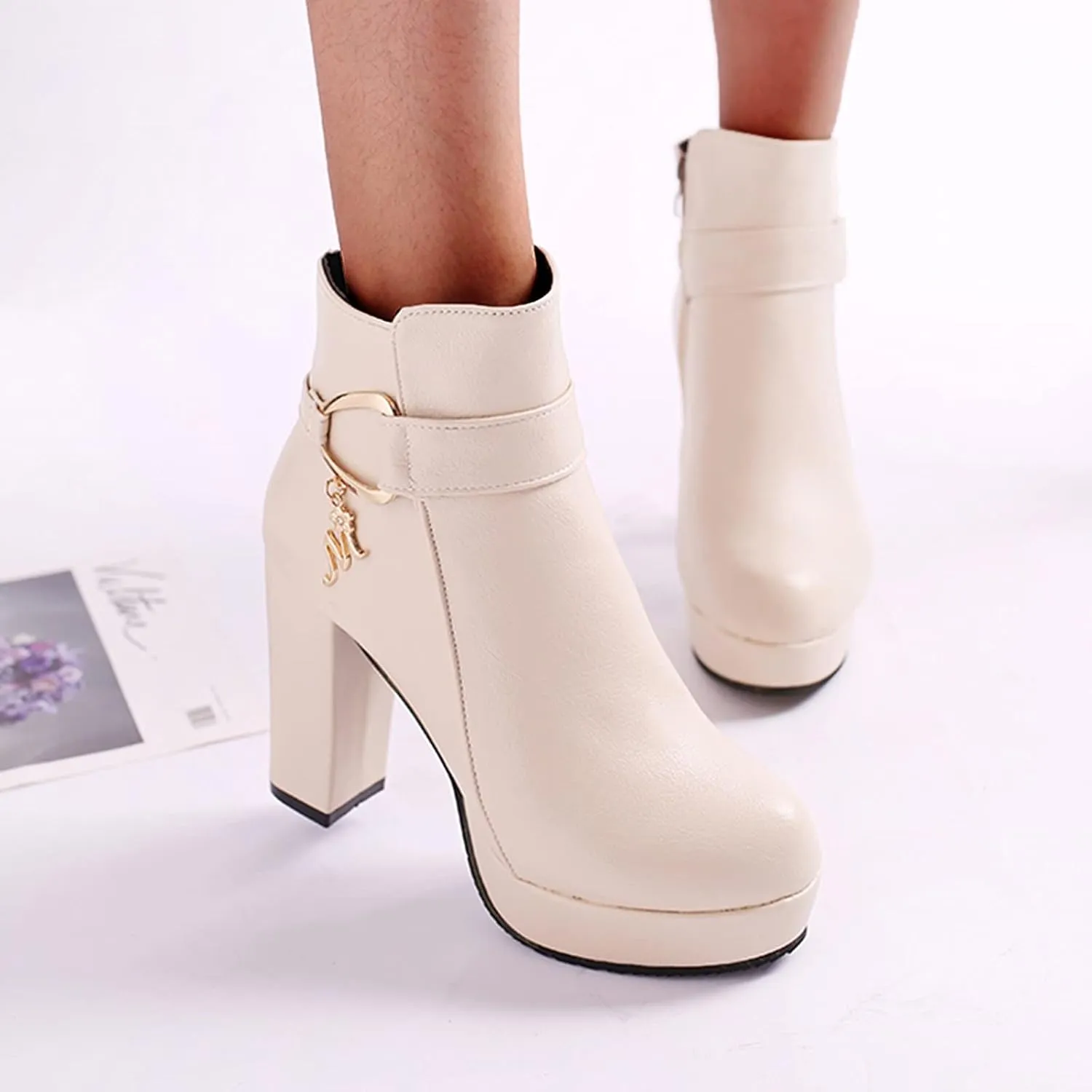 Hbeylia Women's Pump Platform Boots With Side Zipper Fashion Round Toe Chunky High Heels Wedge Ankle Booties Dress Short Boots For Women Ladies Wedding Christmas Halloween Party