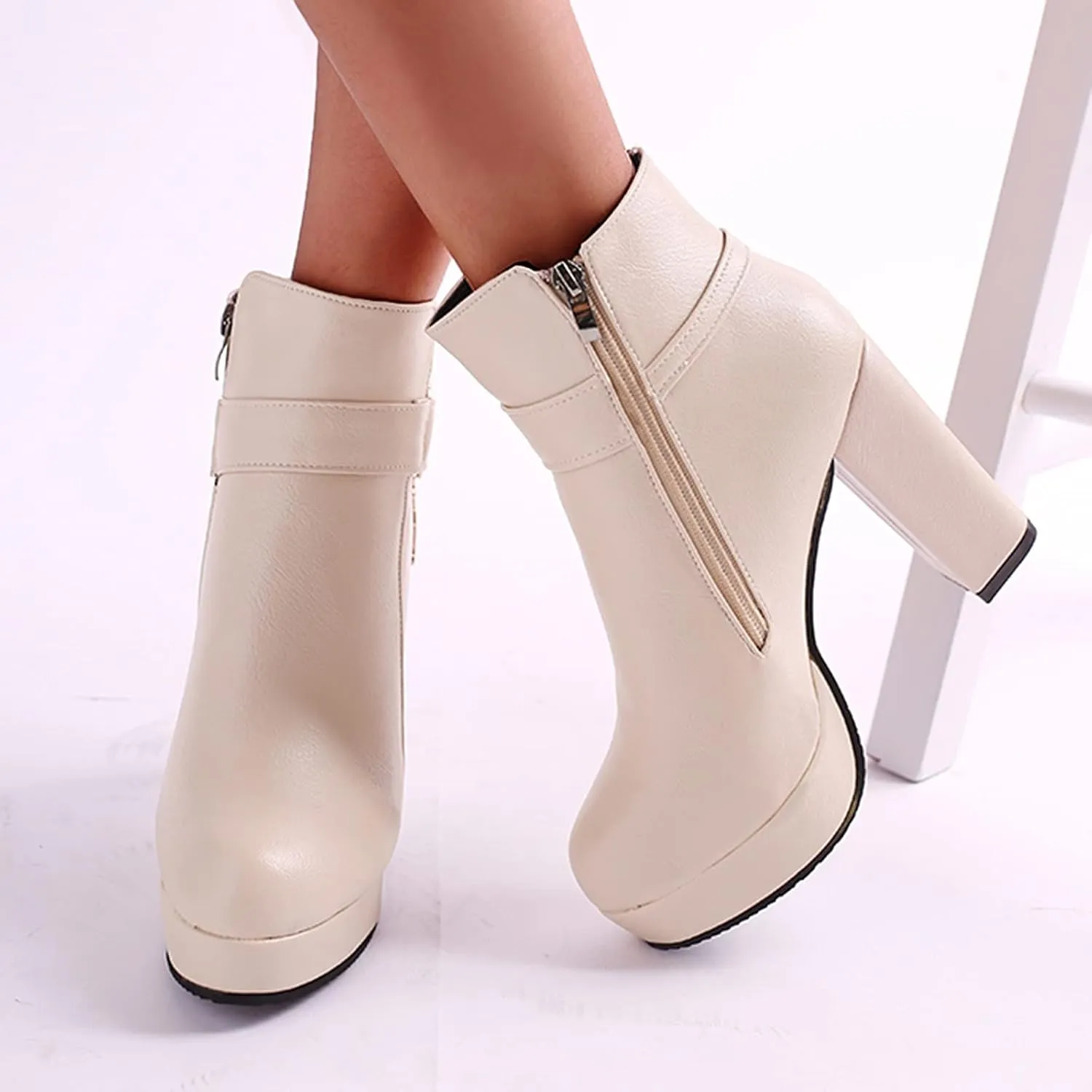 Hbeylia Women's Pump Platform Boots With Side Zipper Fashion Round Toe Chunky High Heels Wedge Ankle Booties Dress Short Boots For Women Ladies Wedding Christmas Halloween Party
