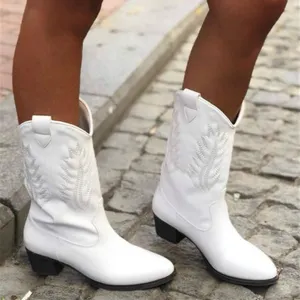 Hbeylia Women's Western Cowboy Boots Vintage Leather Round Toe Chunky Mid-Heels Wide Mid Calf Cowgirl Boots Retro Slip On Riding Short Boots Winter Shoes For Women Ladies Dress