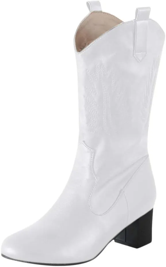 Hbeylia Women's Western Cowboy Boots Vintage Leather Round Toe Chunky Mid-Heels Wide Mid Calf Cowgirl Boots Retro Slip On Riding Short Boots Winter Shoes For Women Ladies Dress