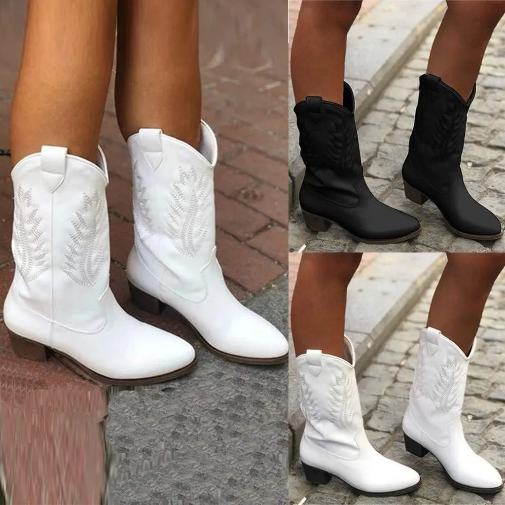 Hbeylia Women's Western Cowboy Boots Vintage Leather Round Toe Chunky Mid-Heels Wide Mid Calf Cowgirl Boots Retro Slip On Riding Short Boots Winter Shoes For Women Ladies Dress