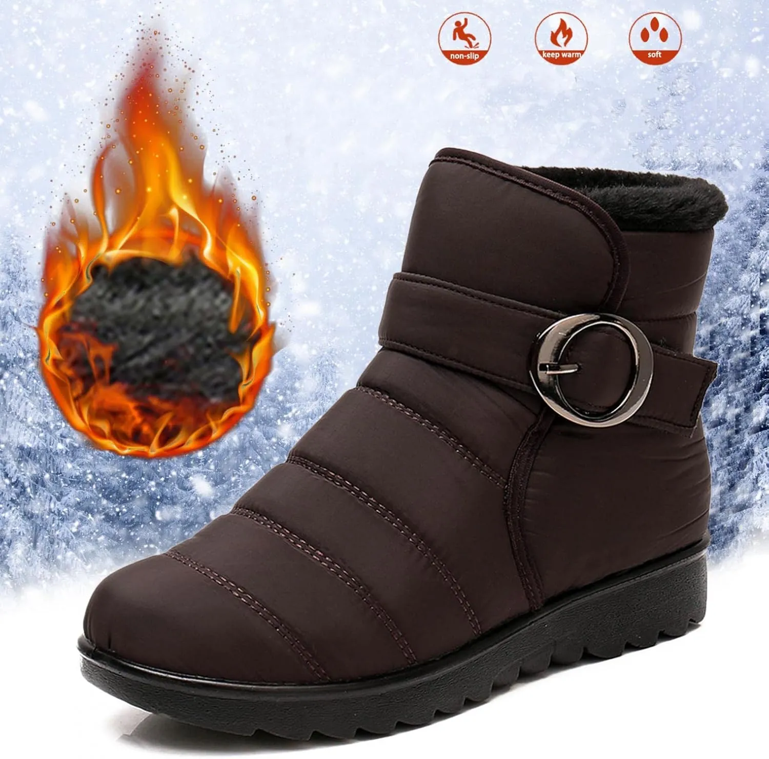 Hbeylia Women's Winter Snow Boots With Fleece Lined Soft Cozy Warm Waterproof Lightweight Plush Fur Lined Wedge Platform Non Slip Mid Calf Boots Cold Weather Thermal Ski Skiing Short Boots For Women