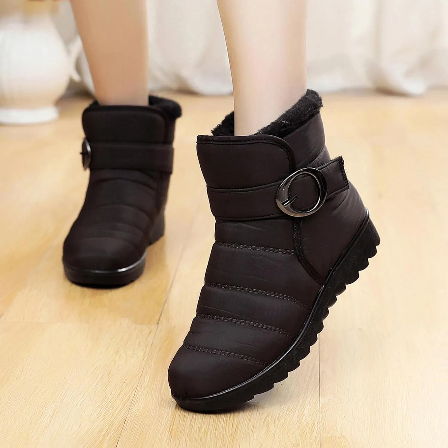 Hbeylia Women's Winter Snow Boots With Fleece Lined Soft Cozy Warm Waterproof Lightweight Plush Fur Lined Wedge Platform Non Slip Mid Calf Boots Cold Weather Thermal Ski Skiing Short Boots For Women