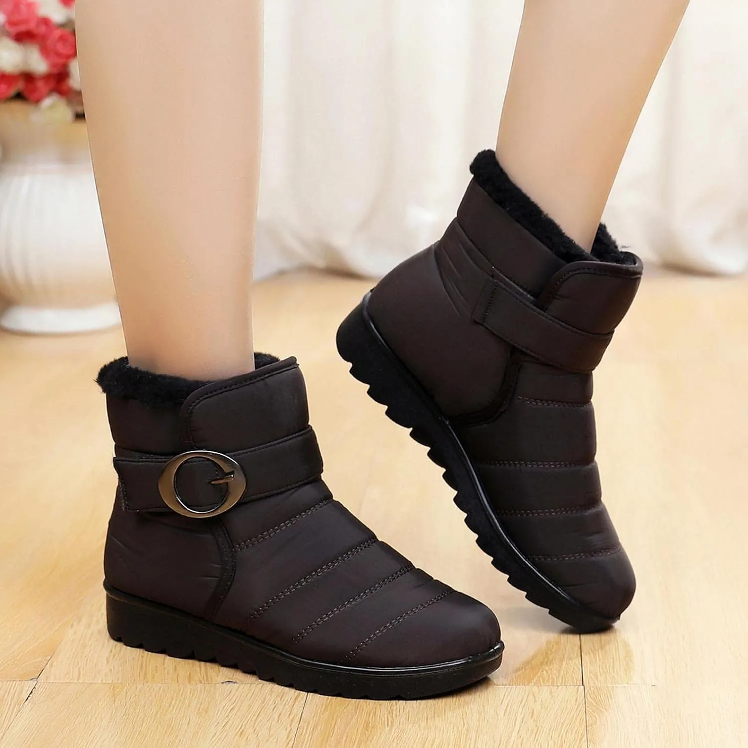 Hbeylia Women's Winter Snow Boots With Fleece Lined Soft Cozy Warm Waterproof Lightweight Plush Fur Lined Wedge Platform Non Slip Mid Calf Boots Cold Weather Thermal Ski Skiing Short Boots For Women