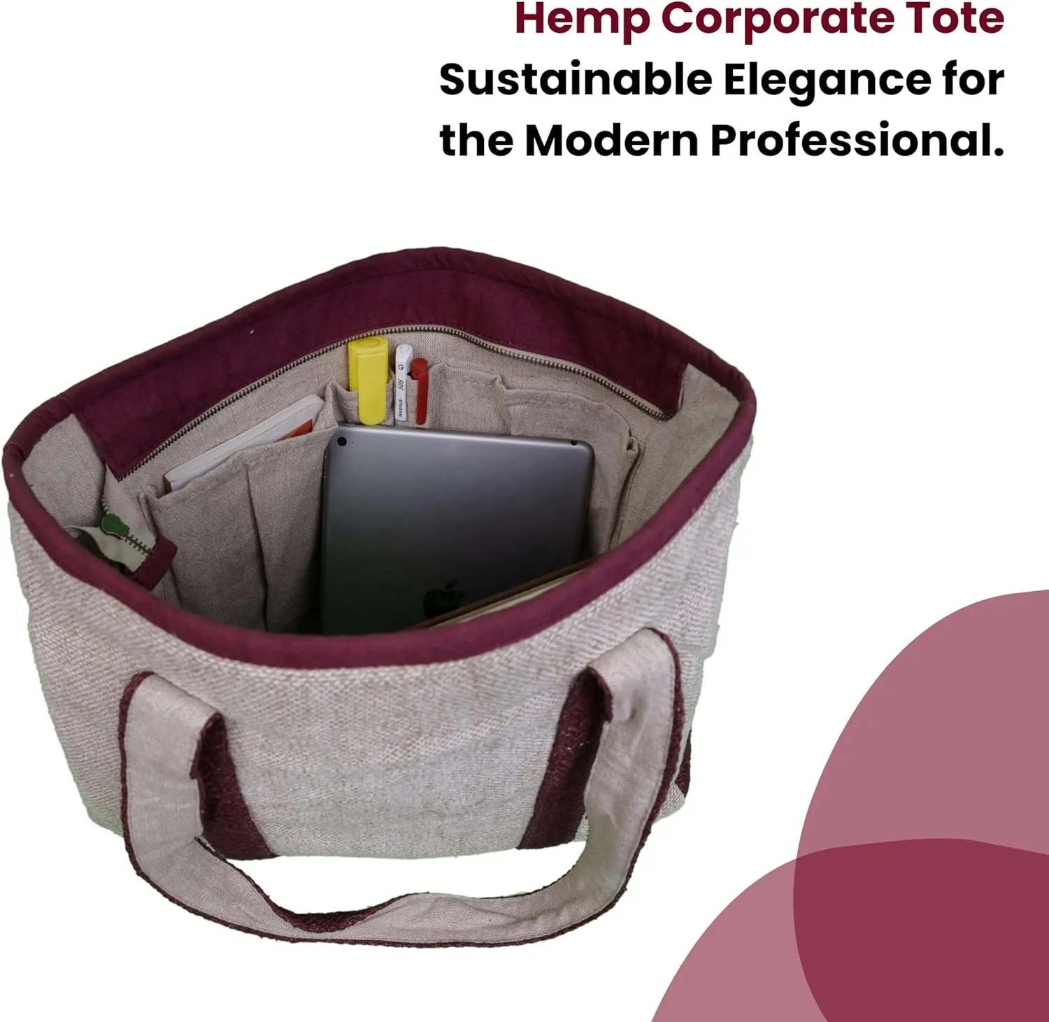 Hemp Corporate Tote Bag with with Cotton Lining | Spacious Work Bag Dual Compartments | 15L capacity
