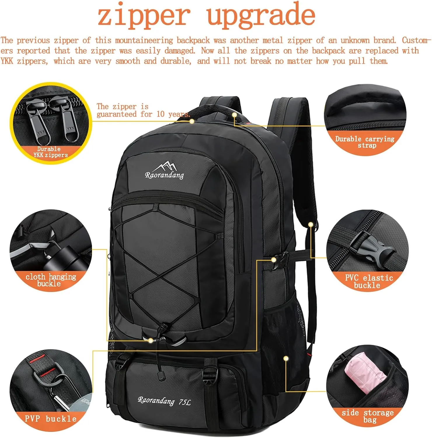 Hiking Backpack Waterproof Lightweight Durable 75L Large Capacity Travel Backpack Great for hiking, camping, trips