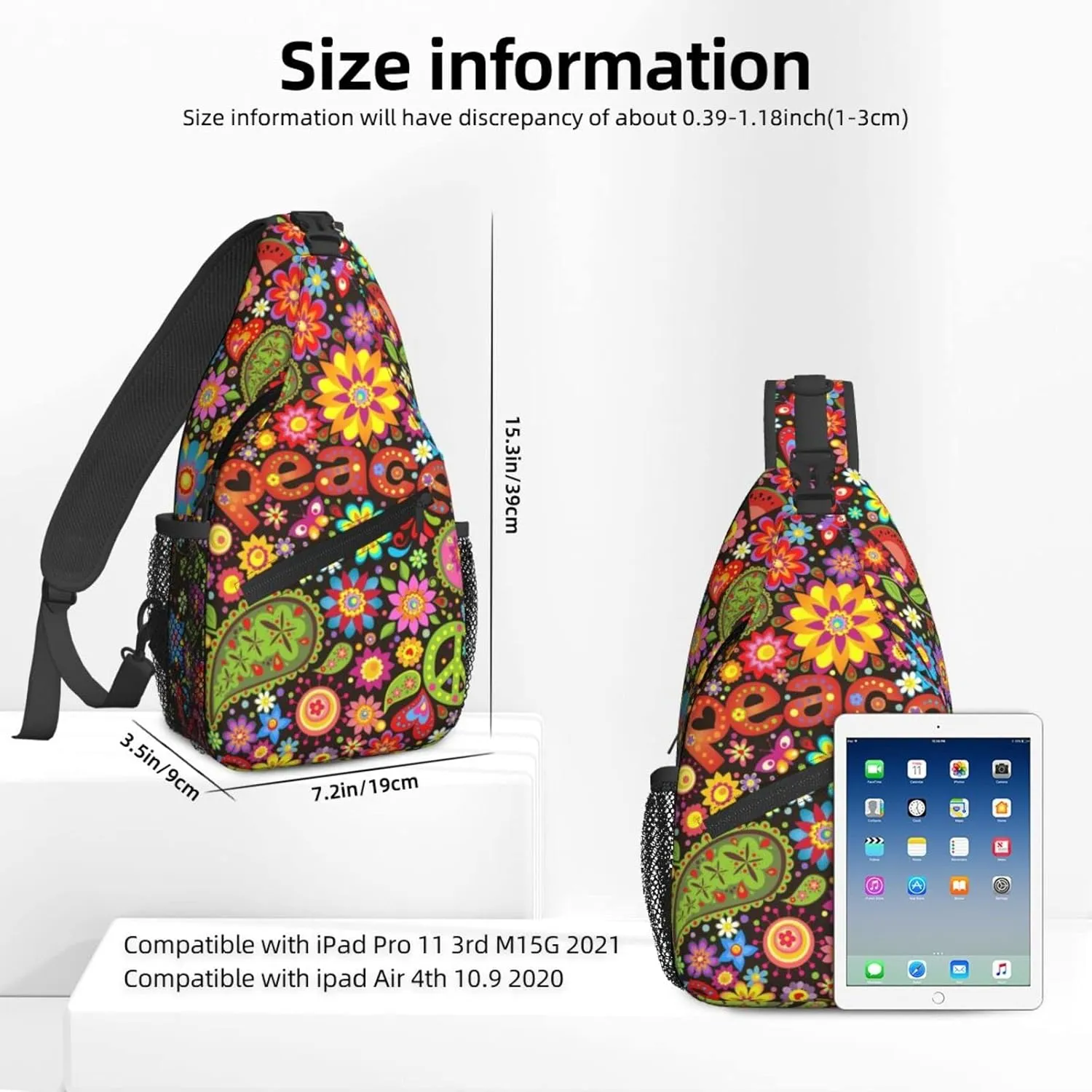 Hippie Symbolic Colorful Floral Sling Bag for Women Crossbody Sling Backpack Men Casual Daypack Backpacks Gym Cycling Travel Hiking