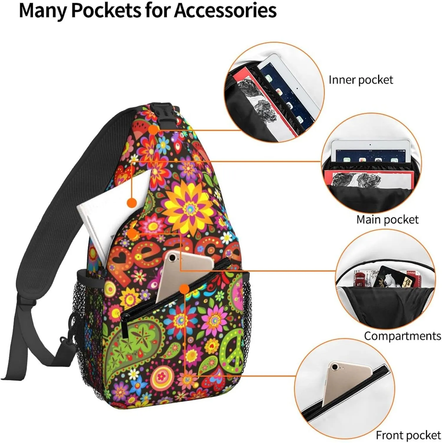 Hippie Symbolic Colorful Floral Sling Bag for Women Crossbody Sling Backpack Men Casual Daypack Backpacks Gym Cycling Travel Hiking