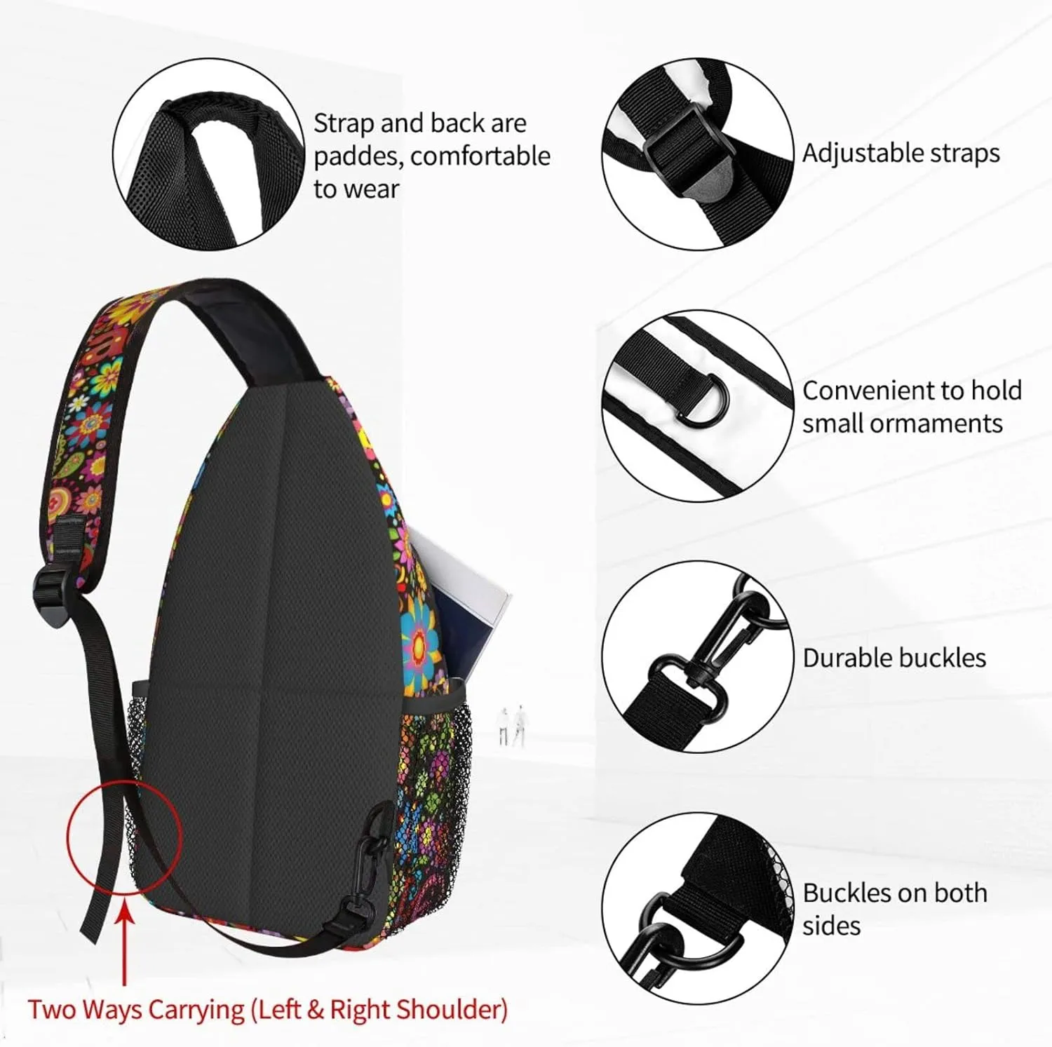 Hippie Symbolic Colorful Floral Sling Bag for Women Crossbody Sling Backpack Men Casual Daypack Backpacks Gym Cycling Travel Hiking