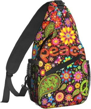 Hippie Symbolic Colorful Floral Sling Bag for Women Crossbody Sling Backpack Men Casual Daypack Backpacks Gym Cycling Travel Hiking