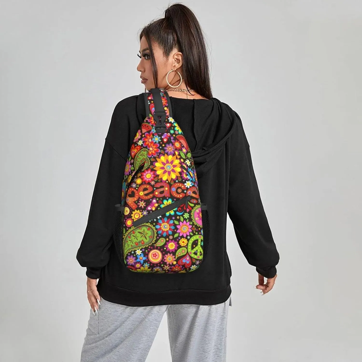 Hippie Symbolic Colorful Floral Sling Bag for Women Crossbody Sling Backpack Men Casual Daypack Backpacks Gym Cycling Travel Hiking