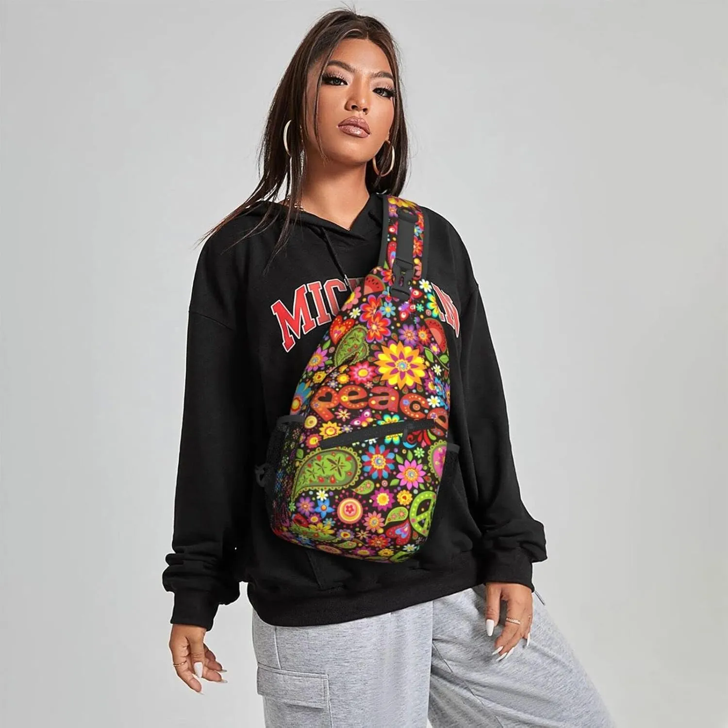 Hippie Symbolic Colorful Floral Sling Bag for Women Crossbody Sling Backpack Men Casual Daypack Backpacks Gym Cycling Travel Hiking