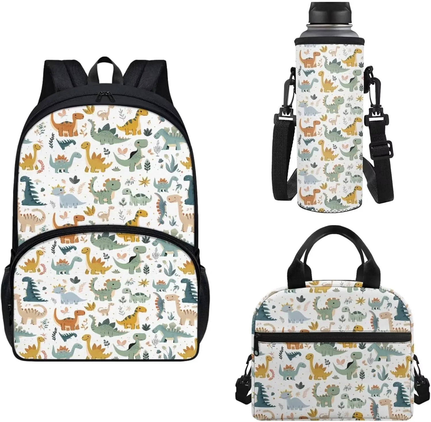 Horeset Cartoon Dinosaur Kids School Backpack Book Bag with Thermal Lunch Box Bag Water Bottle Sling Bag, Portable Novelty School Bag Set for Youth Primary School Student