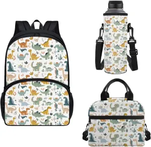 Horeset Cartoon Dinosaur Kids School Backpack Book Bag with Thermal Lunch Box Bag Water Bottle Sling Bag, Portable Novelty School Bag Set for Youth Primary School Student
