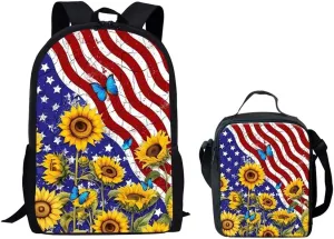 HUGS IDEA American Flag Sunflower Butterfly Shoulder Bagpack Set Included 17 Inch Schoolbag Mini Lunch Tote Purse