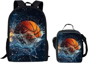 HUGS IDEA Basketball with Fire and Ice School Backpack Set with Lunch Tote Purse for Kids Boys 2 Piece Bookbag Sets