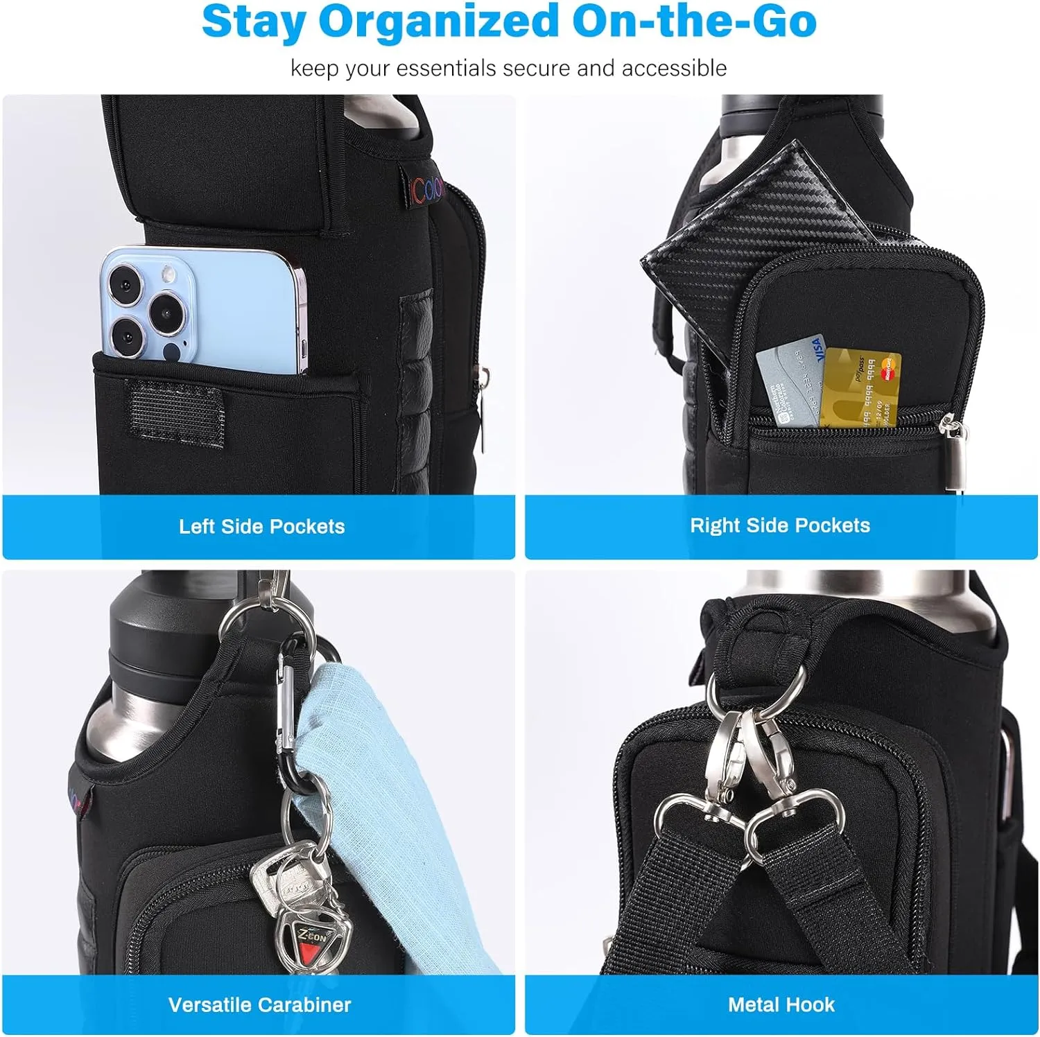 icolor Magnetic Gym Bag Water Bottle Carrier Holder with Phone Pockets & Shoulder Strap,5 Built-in Magnets Gym Bottle Pouch Sleeve,Magnetic Bag Gym Accessories Organizer for Men Women