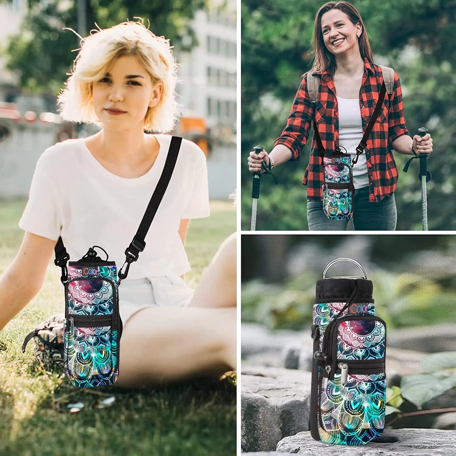 icolor Water Bottle Carrier Bag with Strap 25/32/40/64oz Crossbody Water Bottle Holder with Phone Pocket Sling Sleeve Insulated Neoprene Water Bottle Pouch for Walking Hiking Travelling