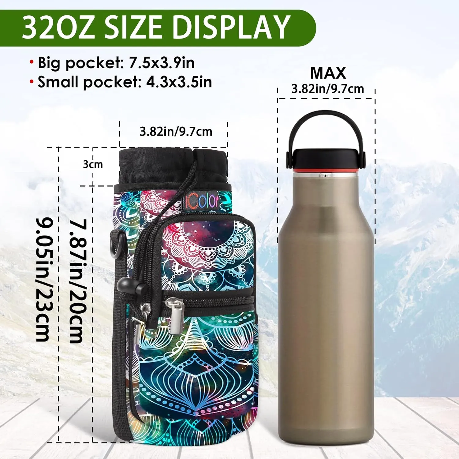 icolor Water Bottle Carrier Bag with Strap 25/32/40/64oz Crossbody Water Bottle Holder with Phone Pocket Sling Sleeve Insulated Neoprene Water Bottle Pouch for Walking Hiking Travelling