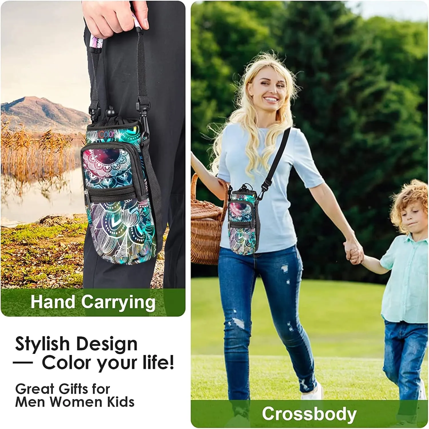 icolor Water Bottle Carrier Bag with Strap 25/32/40/64oz Crossbody Water Bottle Holder with Phone Pocket Sling Sleeve Insulated Neoprene Water Bottle Pouch for Walking Hiking Travelling