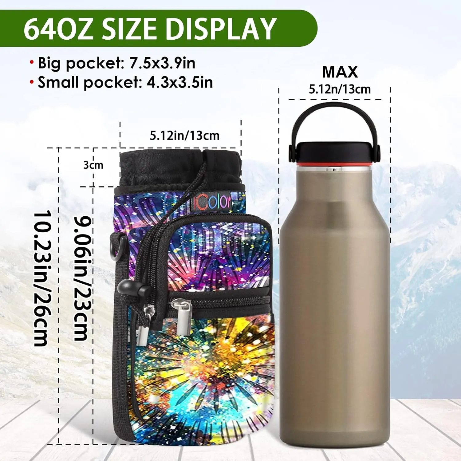 icolor Water Bottle Carrier Bag with Strap 25/32/40/64oz Crossbody Water Bottle Holder with Phone Pocket Sling Sleeve Insulated Neoprene Water Bottle Pouch for Walking Hiking Travelling