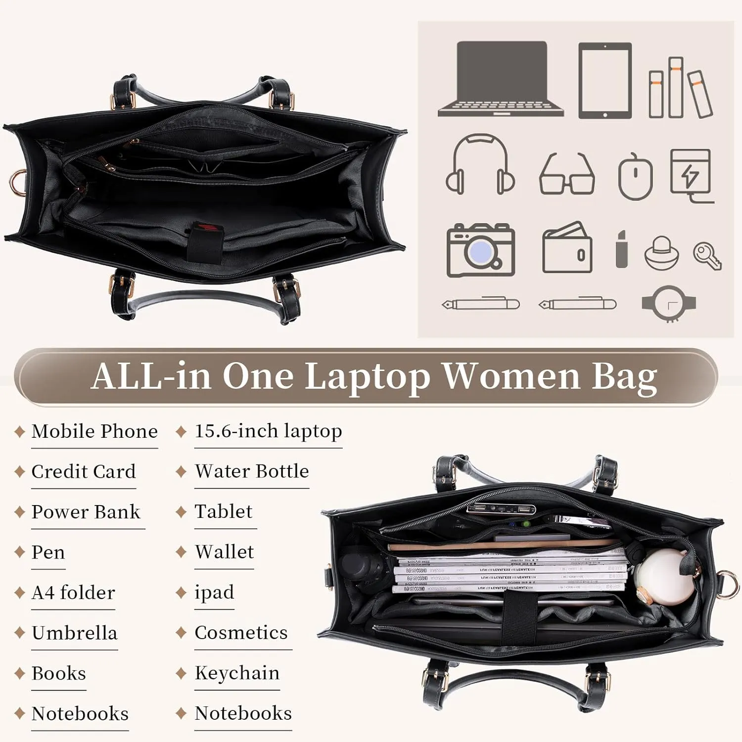 IGOLUMON Laptop Bag for Women 15.6 Inch Waterproof Laptop Tote Bag Leather Work Bag Computer Briefcase Office Professional Large Capacity Handbag Shoulder Bag Black