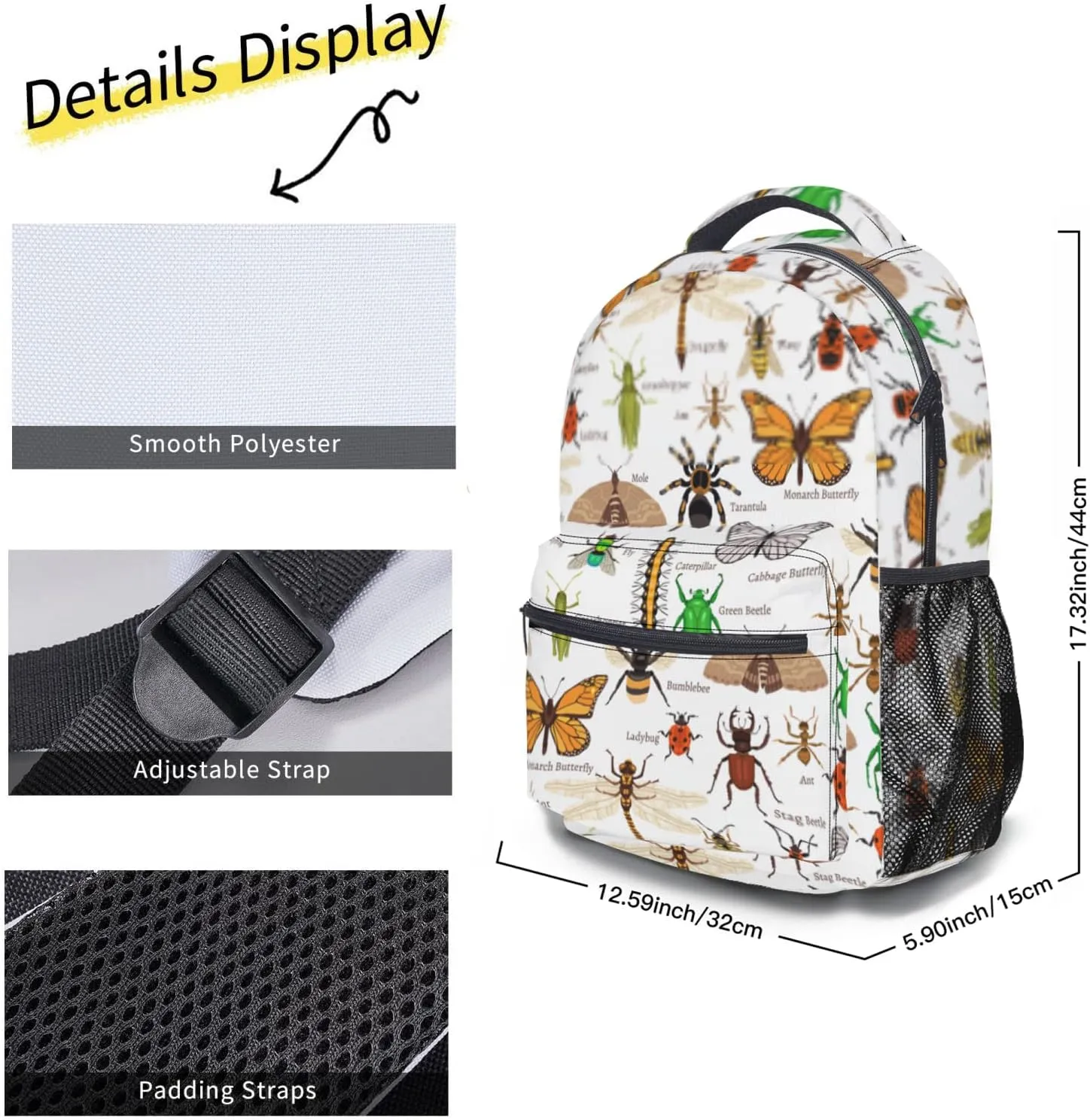 Insects Bugs Backpack With Adjustable Padded Shoulder Straps 17 Inch Daypacks For College Travel