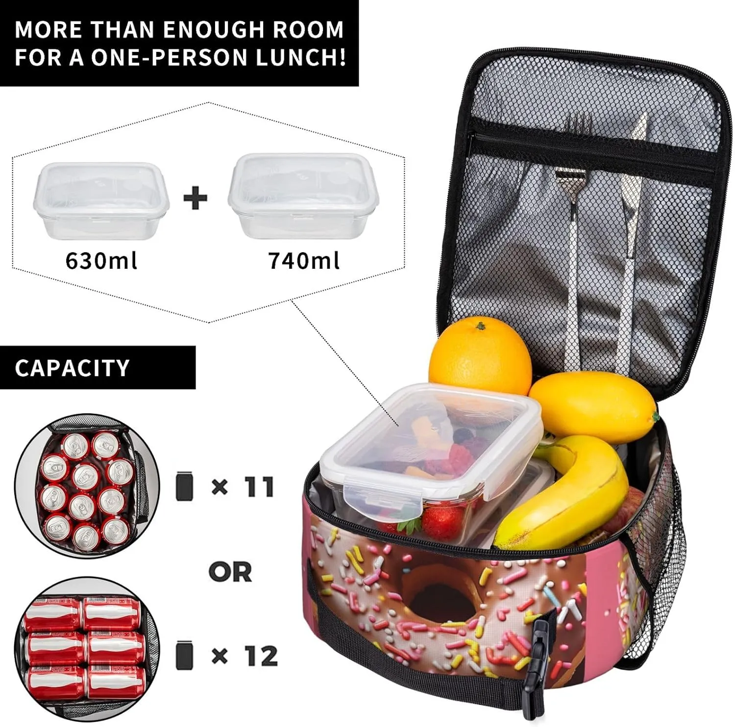 Insulated Lunch Bag for Men Women Reusable Lunch Box Doughnut Lunchbox Leakproof Cooler Bags for Work Picnic