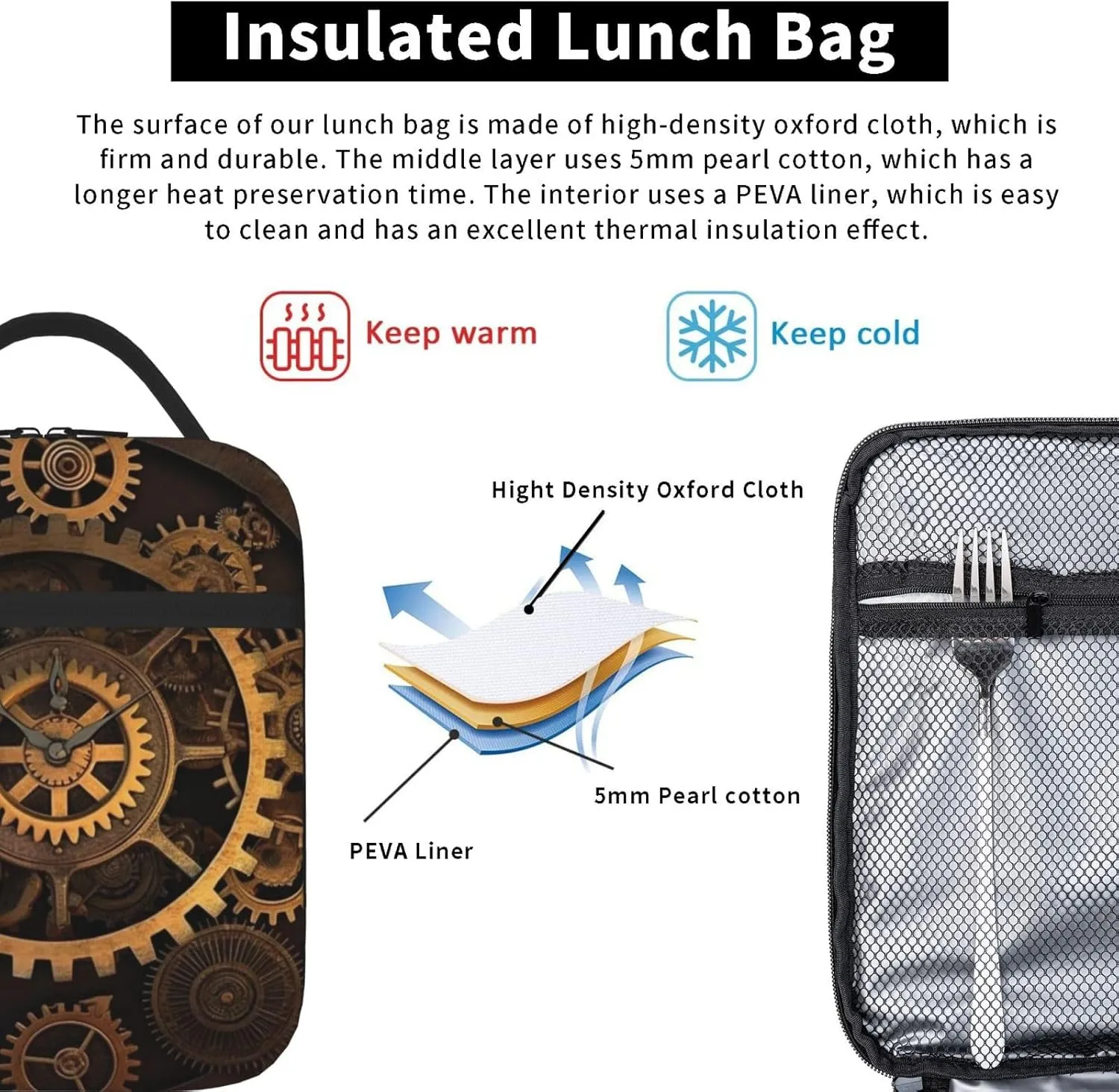 Insulated Lunch Bag for Men Women Reusable Lunch Box Gears Clock Bronze Century Lunchbox Leakproof Cooler Bags for Work Picnic