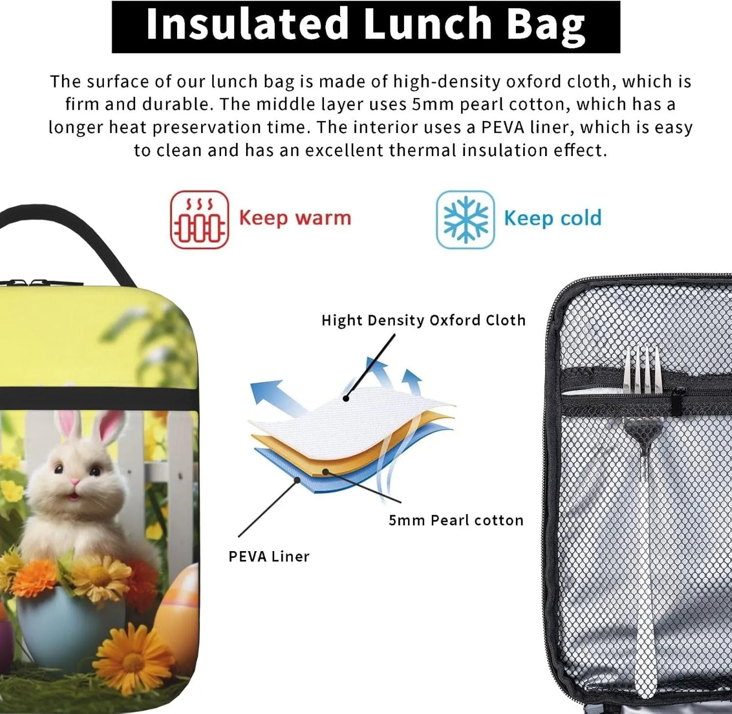 Insulated Lunch Bag for Men Women Reusable Lunch Box Happy Easter Lunchbox Leakproof Cooler Bags for Work Picnic