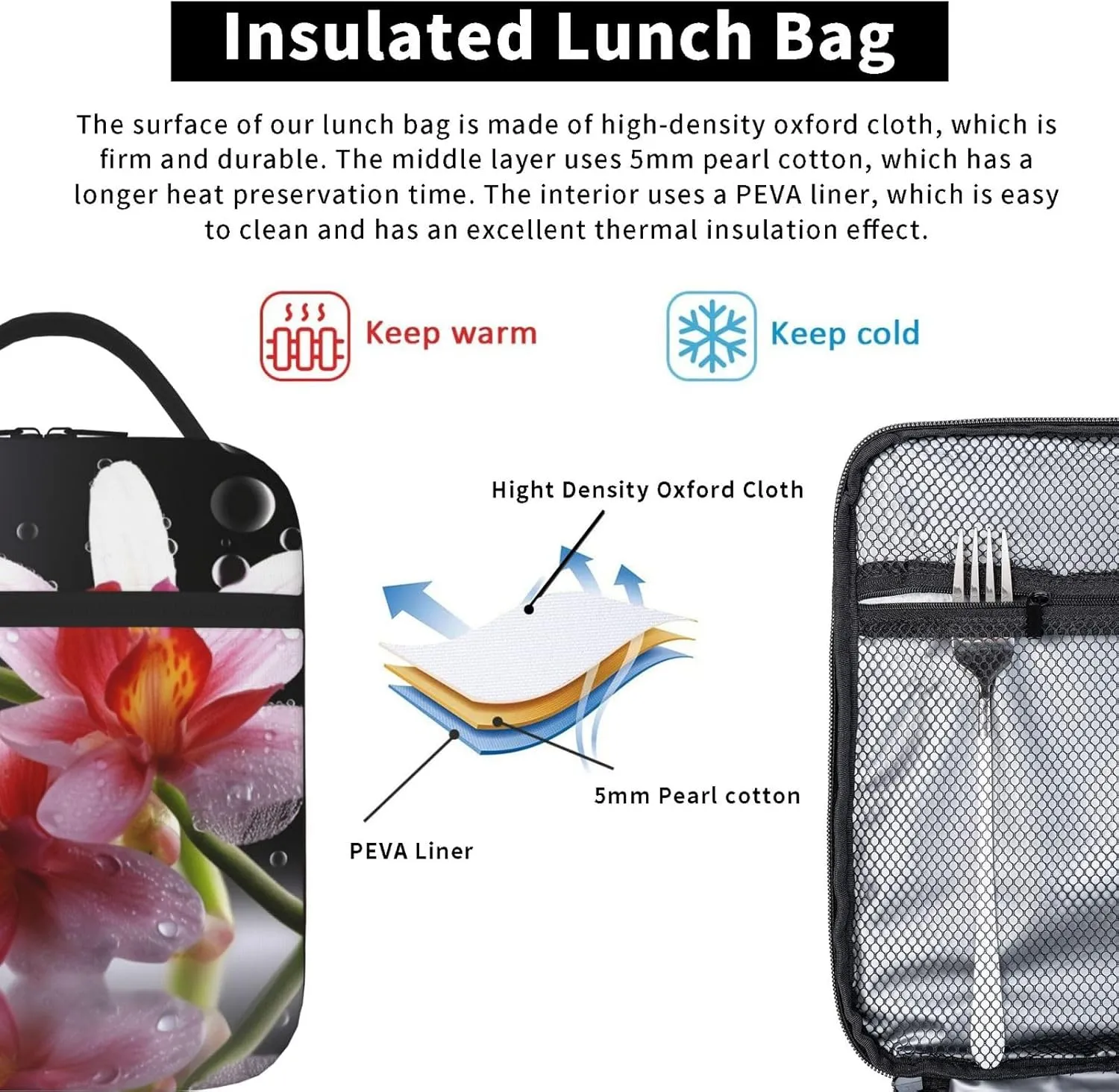 Insulated Lunch Bag for Men Women Reusable Lunch Box Modern Flower Lunchbox Leakproof Cooler Bags for Work Picnic