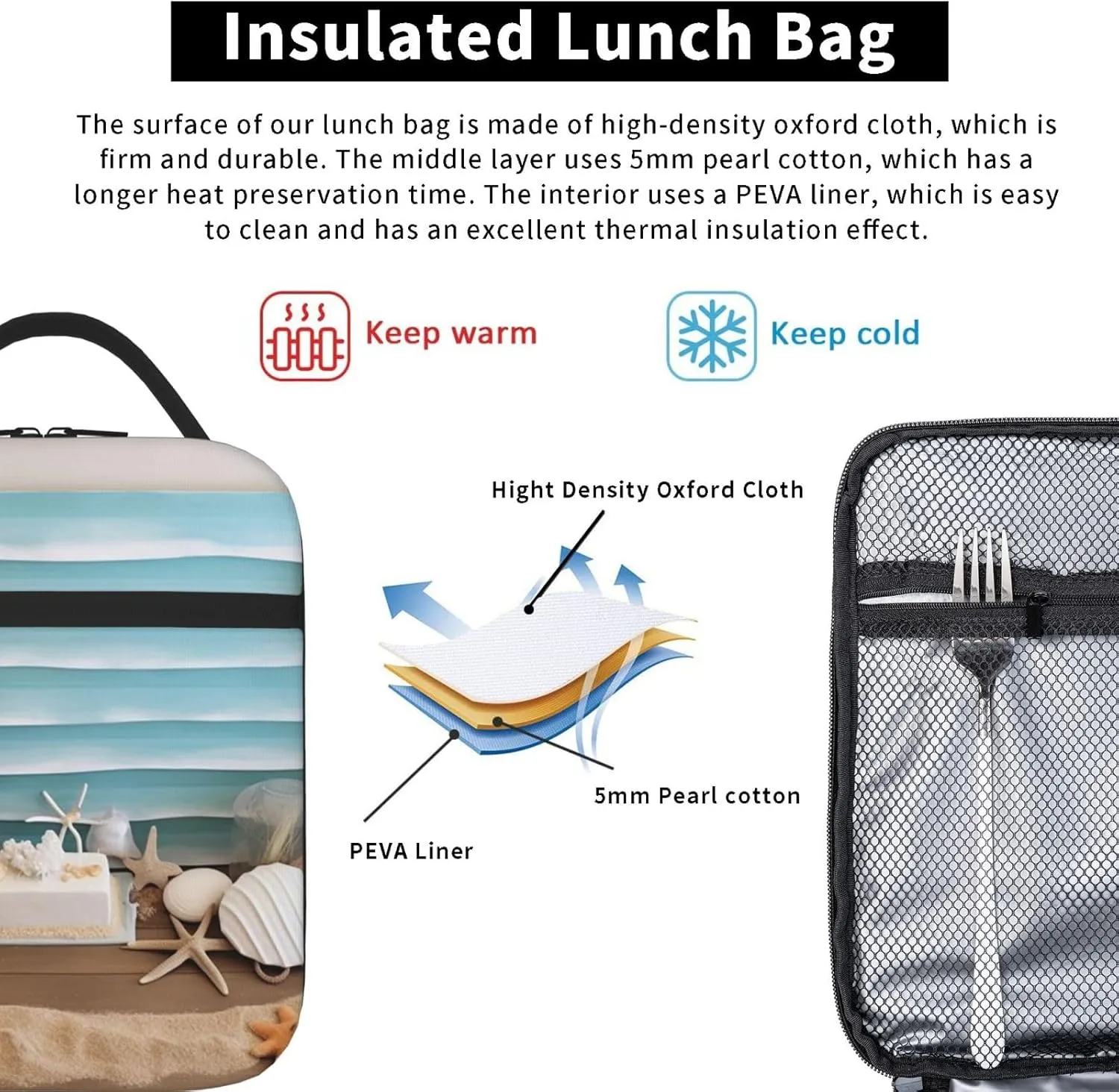 Insulated Lunch Bag for Men Women Reusable Lunch Box Ocean Beach Theme Lunchbox Leakproof Cooler Bags for Work Picnic