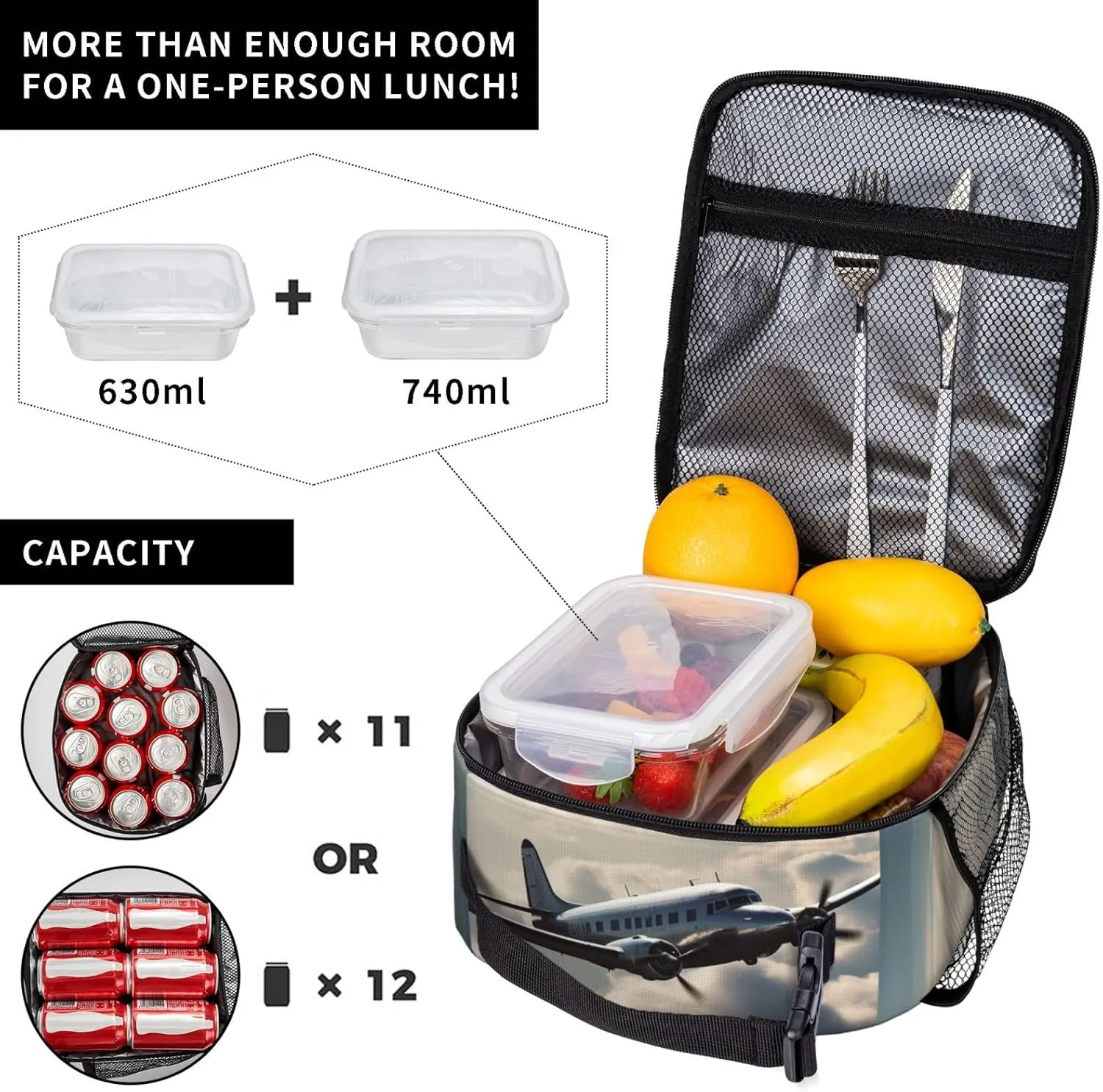 Insulated Lunch Bag for Men Women Reusable Lunch Box Plane in the Clouds Lunchbox Leakproof Cooler Bags for Work Picnic