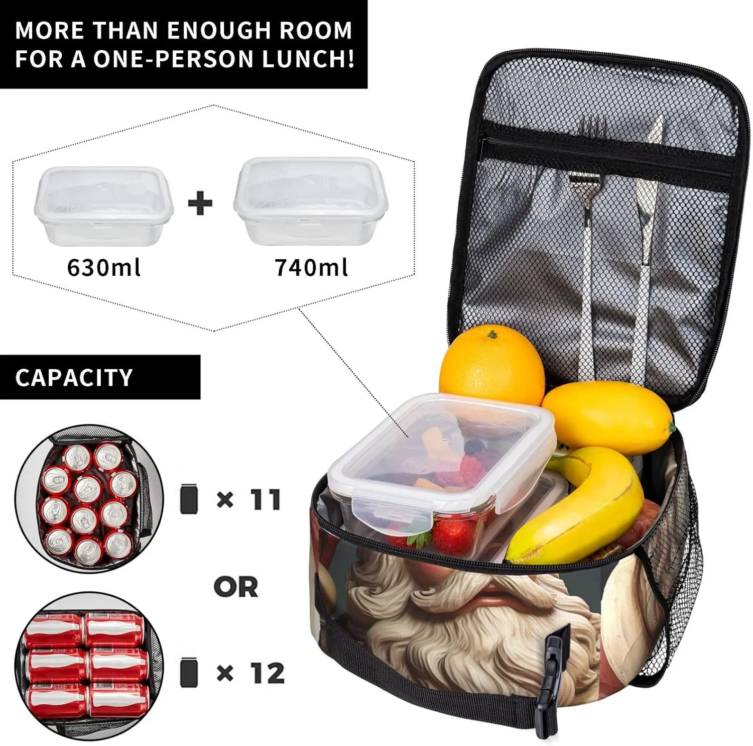 Insulated Lunch Bag for Men Women Reusable Lunch Box Santa Claus Statue Lunchbox Leakproof Cooler Bags for Work Picnic