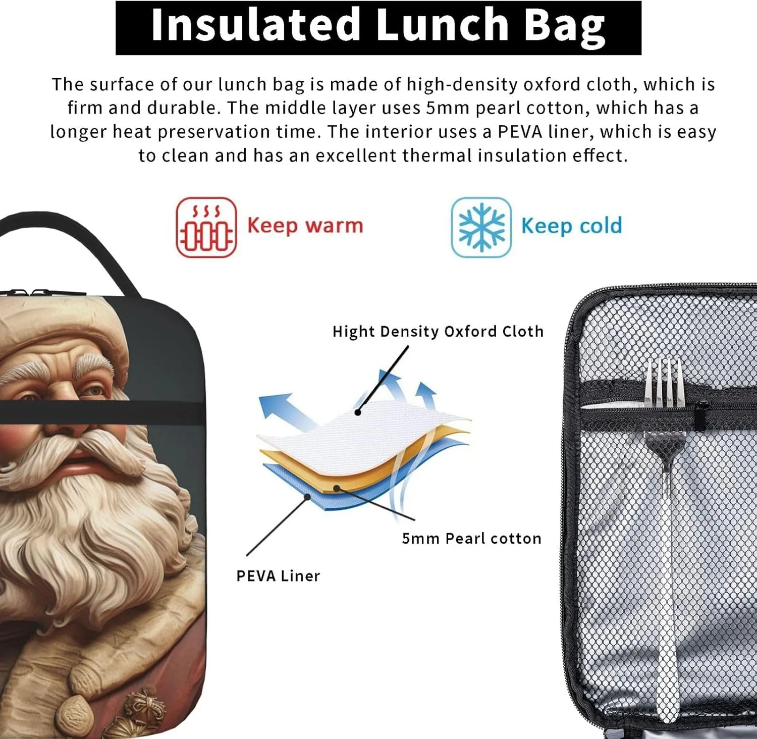 Insulated Lunch Bag for Men Women Reusable Lunch Box Santa Claus Statue Lunchbox Leakproof Cooler Bags for Work Picnic