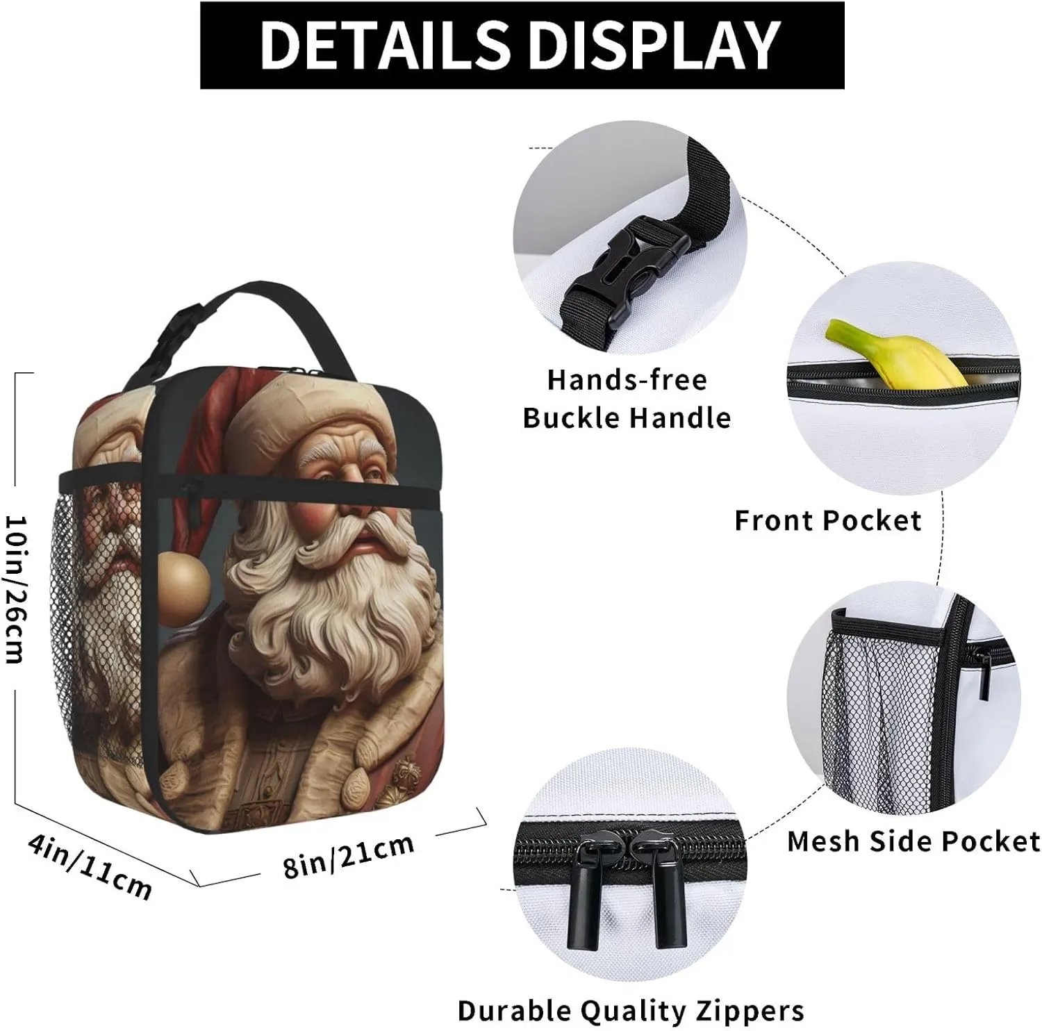 Insulated Lunch Bag for Men Women Reusable Lunch Box Santa Claus Statue Lunchbox Leakproof Cooler Bags for Work Picnic