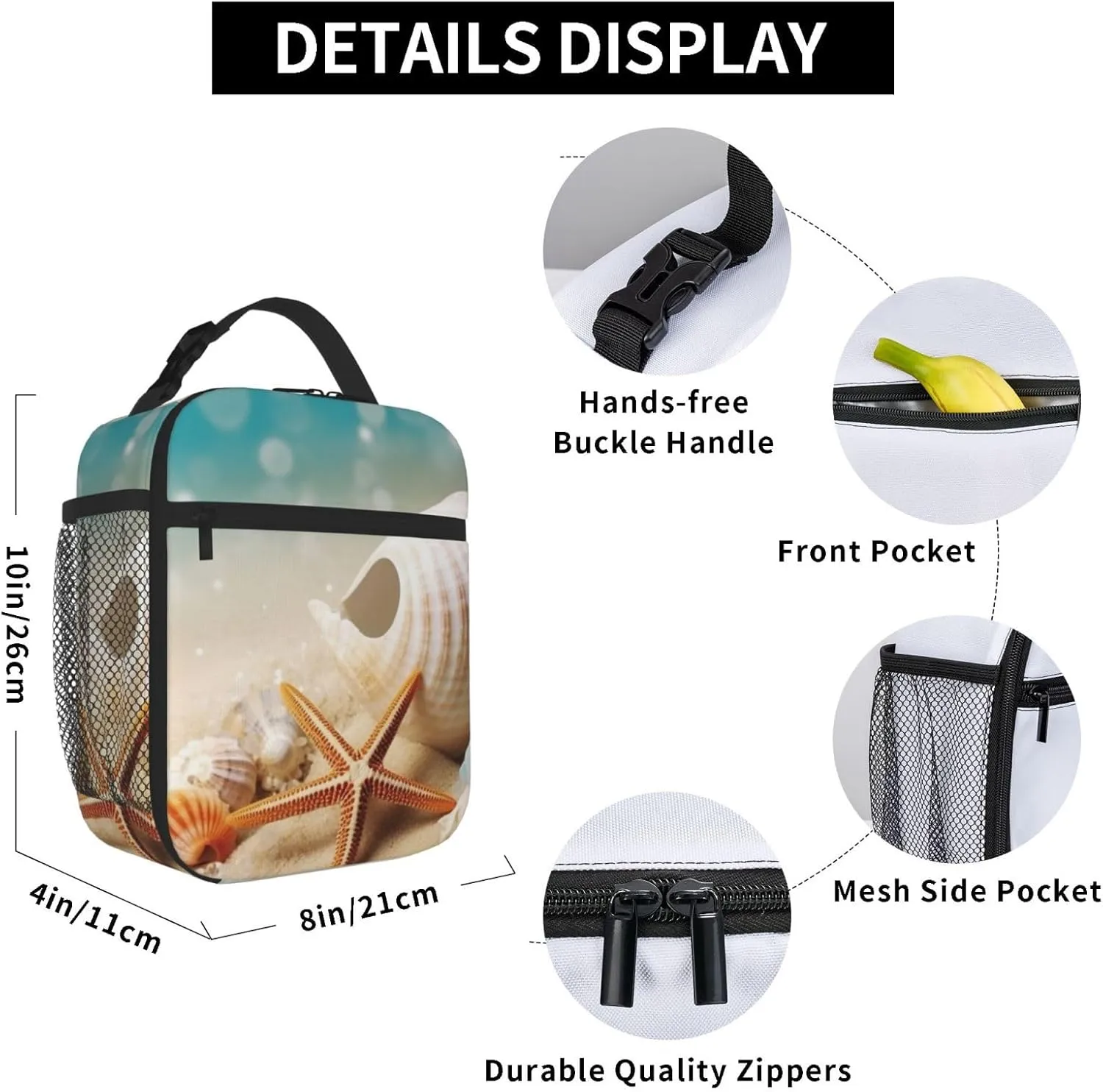 Insulated Lunch Bag for Men Women Reusable Lunch Box Starfish and Seashell Lunchbox Leakproof Cooler Bags for Work Picnic