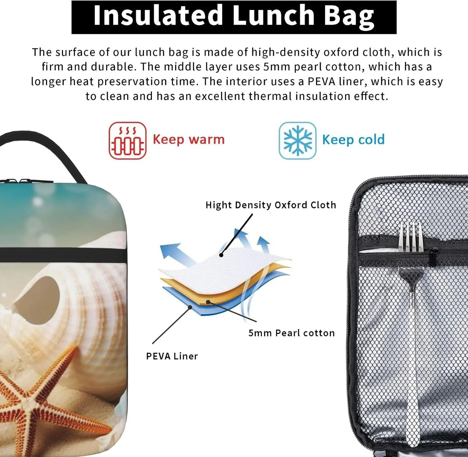 Insulated Lunch Bag for Men Women Reusable Lunch Box Starfish and Seashell Lunchbox Leakproof Cooler Bags for Work Picnic