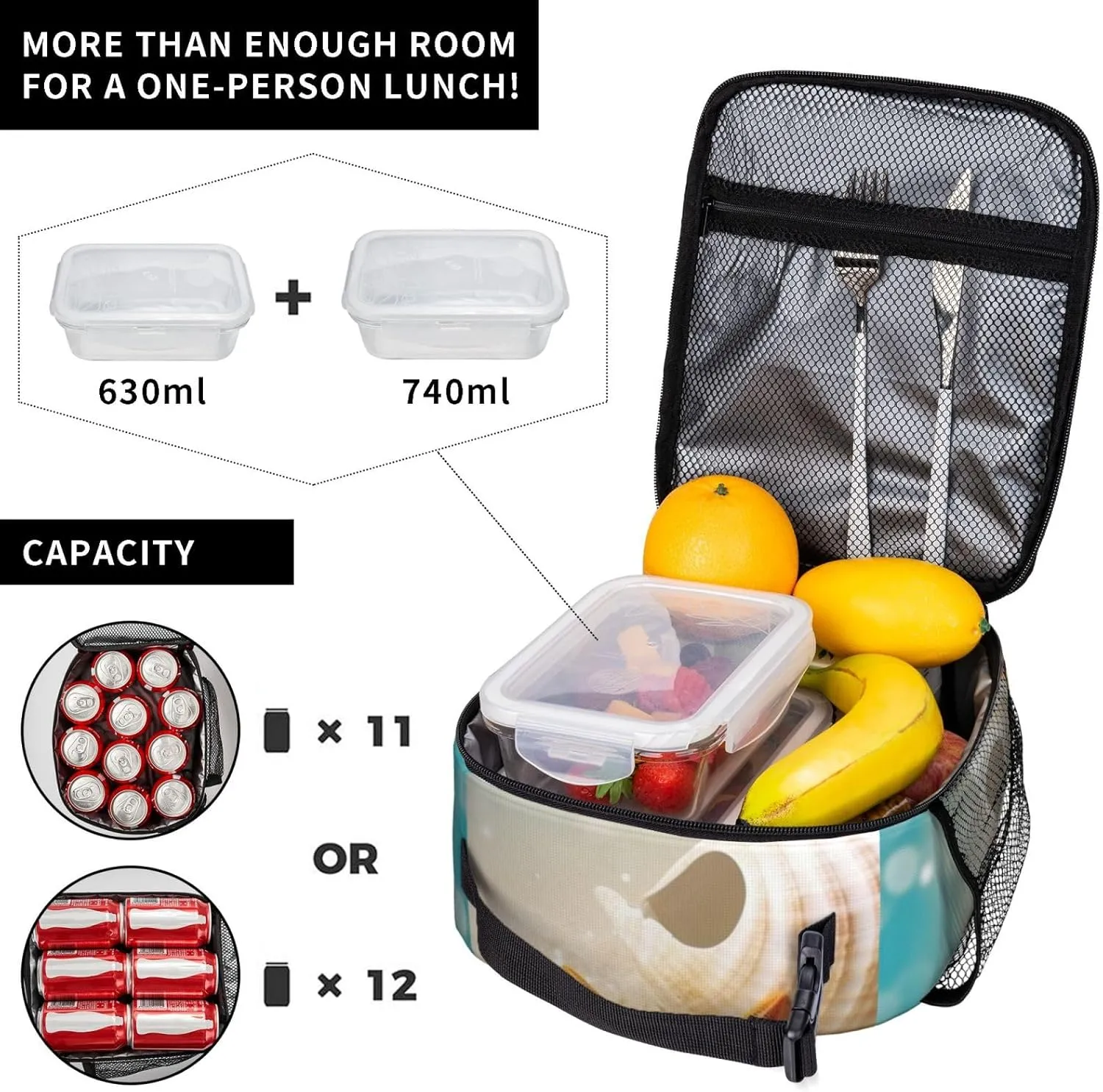 Insulated Lunch Bag for Men Women Reusable Lunch Box Starfish and Seashell Lunchbox Leakproof Cooler Bags for Work Picnic
