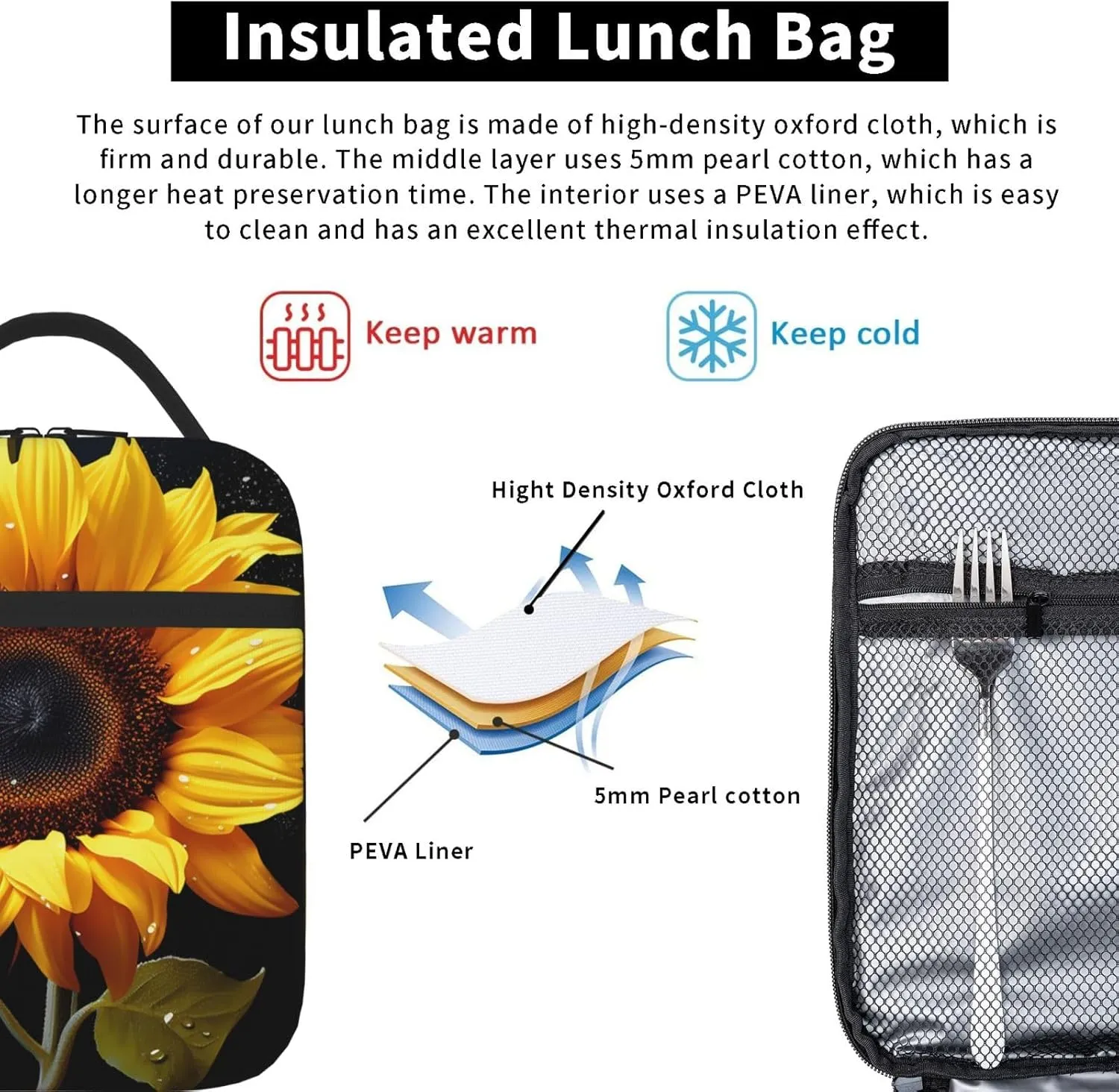 Insulated Lunch Bag for Men Women Reusable Lunch Box Sunflower Lunchbox Leakproof Cooler Bags for Work Picnic