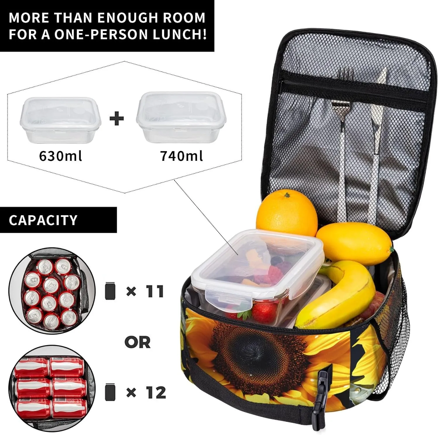 Insulated Lunch Bag for Men Women Reusable Lunch Box Sunflower Lunchbox Leakproof Cooler Bags for Work Picnic