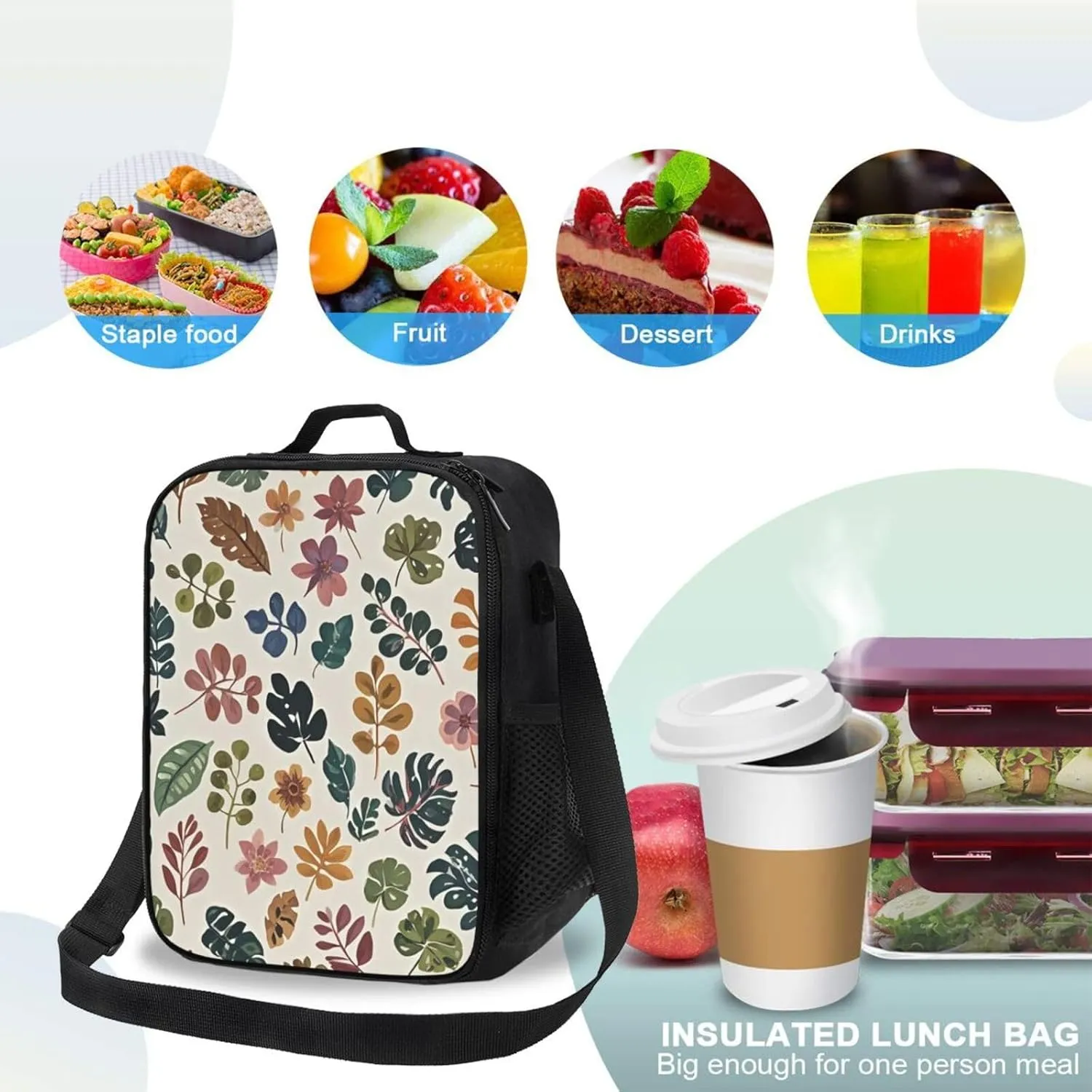 Insulated Lunch box for Men Women Reusable Lunch Bag Botanical Pattern Cooler Tote Bags for Work Picnic