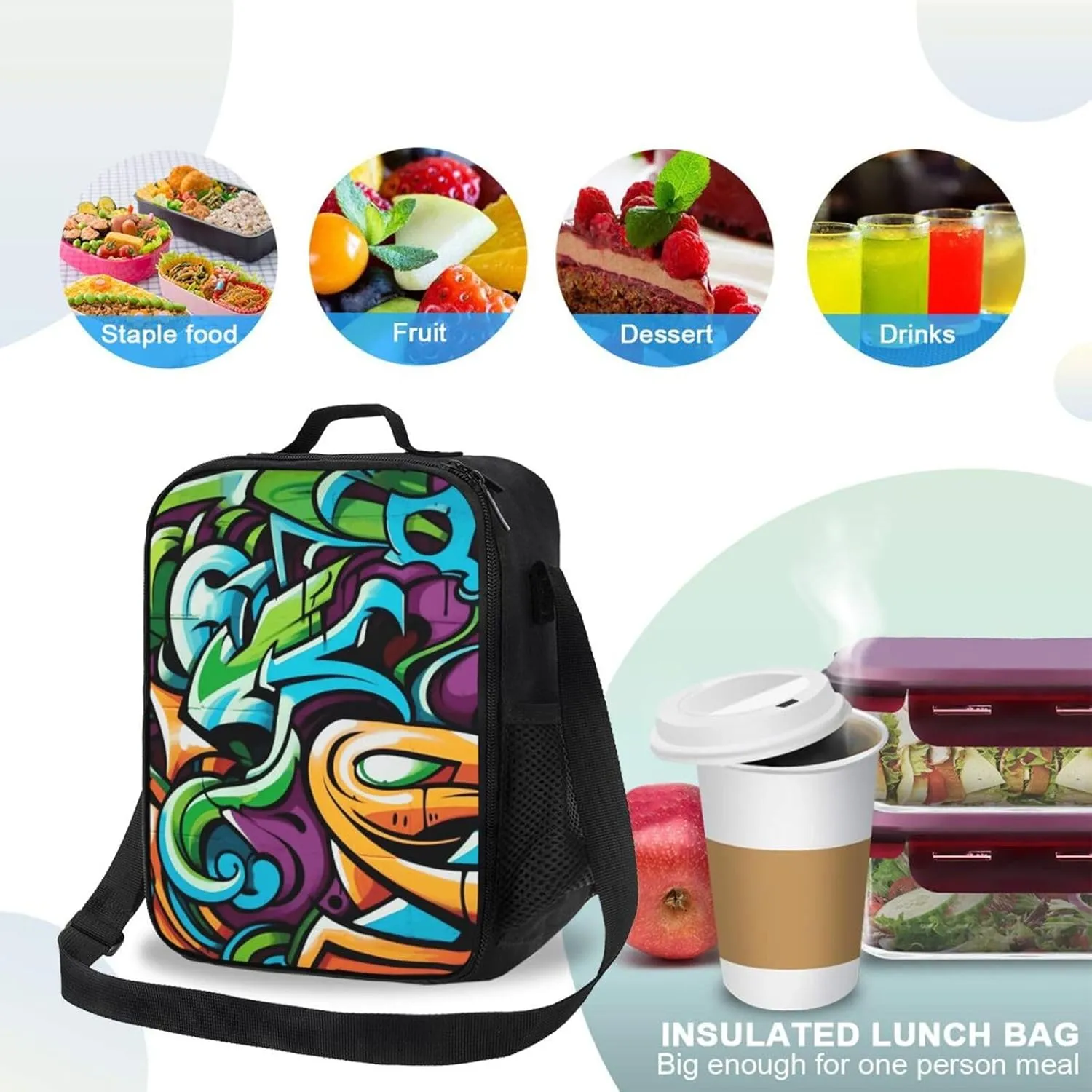 Insulated Lunch box for Men Women Reusable Lunch Bag Graffiti Drawing Art Cooler Tote Bags for Work Picnic