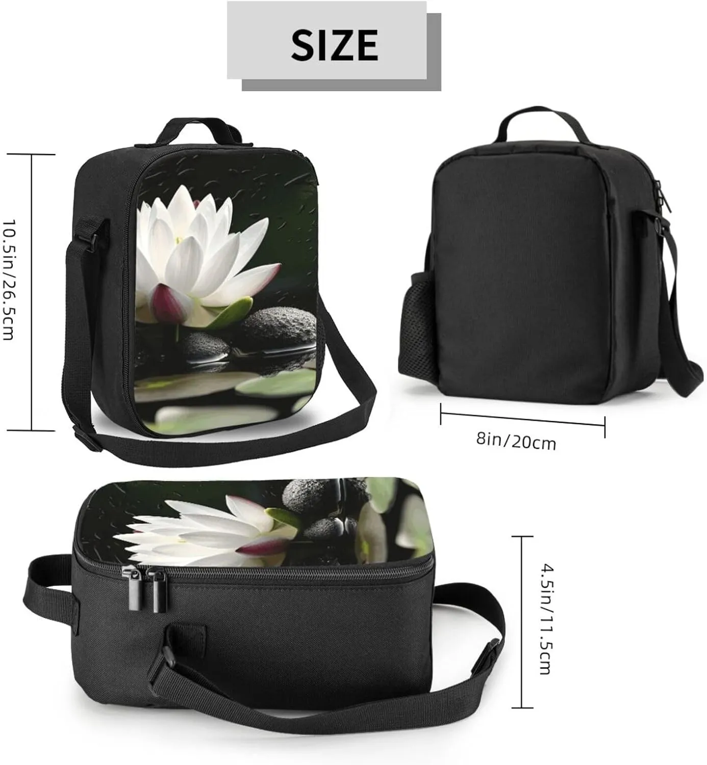 Insulated Lunch box for Men Women Reusable Lunch Bag Lotus and Black Zen Stones Cooler Tote Bags for Work Picnic