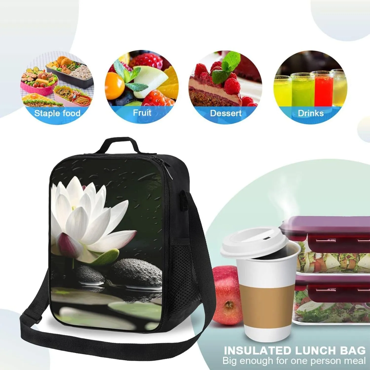 Insulated Lunch box for Men Women Reusable Lunch Bag Lotus and Black Zen Stones Cooler Tote Bags for Work Picnic