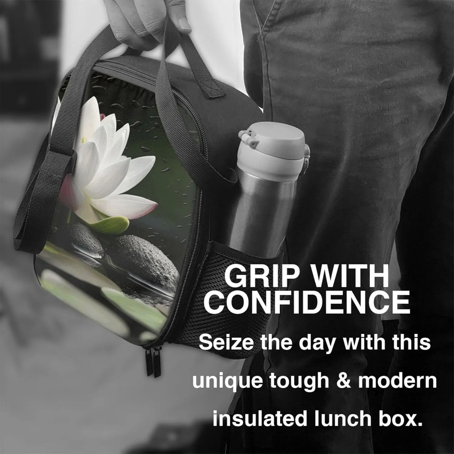 Insulated Lunch box for Men Women Reusable Lunch Bag Lotus and Black Zen Stones Cooler Tote Bags for Work Picnic